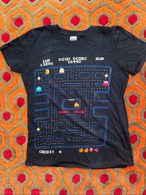 MAKE OFFER! Gildan Black Retro Pac-Man Arcade Maze Graphic Tee T-shirt Men's Sm
